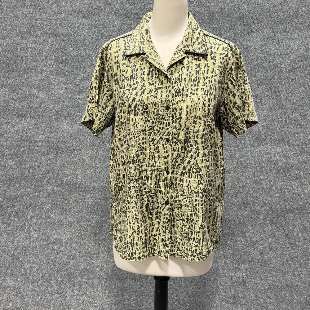 Anna And Frank Shirt Womens M Green Black Animal Print Silk Button Front Top